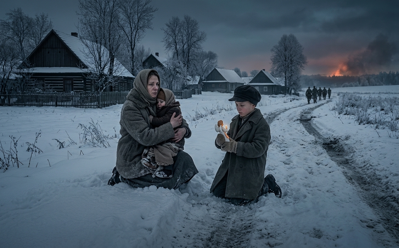 Zimowa droga pod Raszową w 1945 roku: kobieta z dzieckiem i sylwetki żołnierzy w oddali.