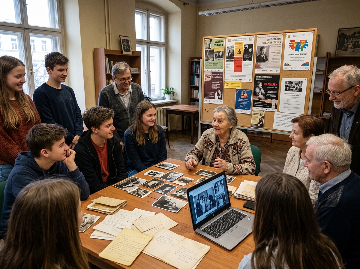 Warsztaty w domu kultury: grupa mieszkańców przy stole z fotografiami i laptopem.