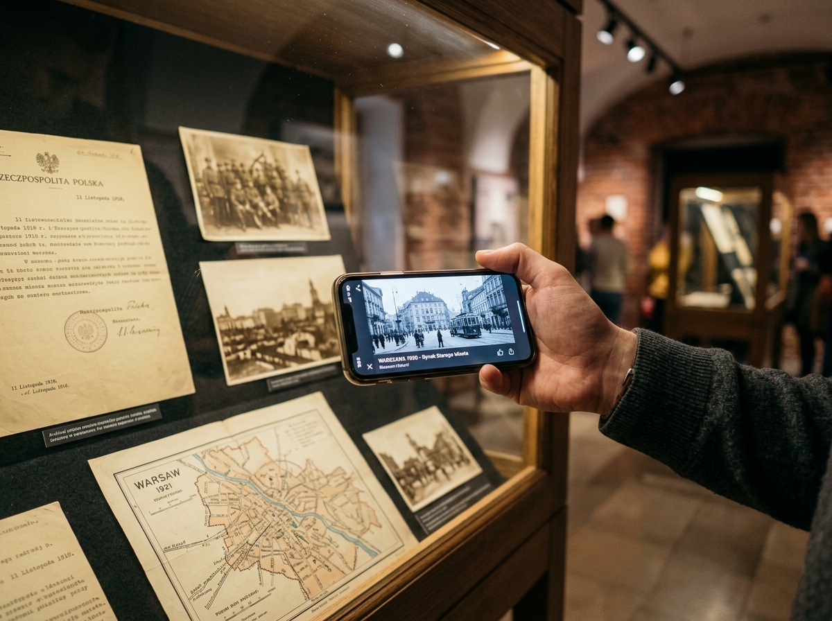 Zwiedzający muzeum z telefonem przy gablocie z archiwalnymi dokumentami.