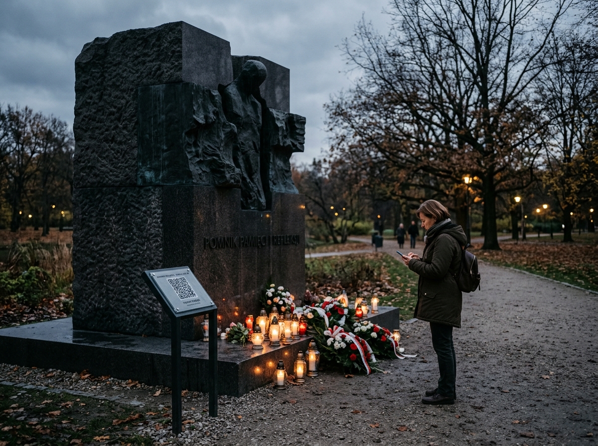 Osoba przy pomniku patrząca w ekran telefonu z historyczną opowieścią o tym miejscu.