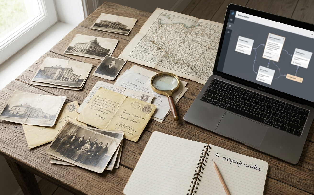 Archiwalne fotografie, dokumenty i mapa rozłożone na stole obok laptopa ze scenariuszem opowieści.