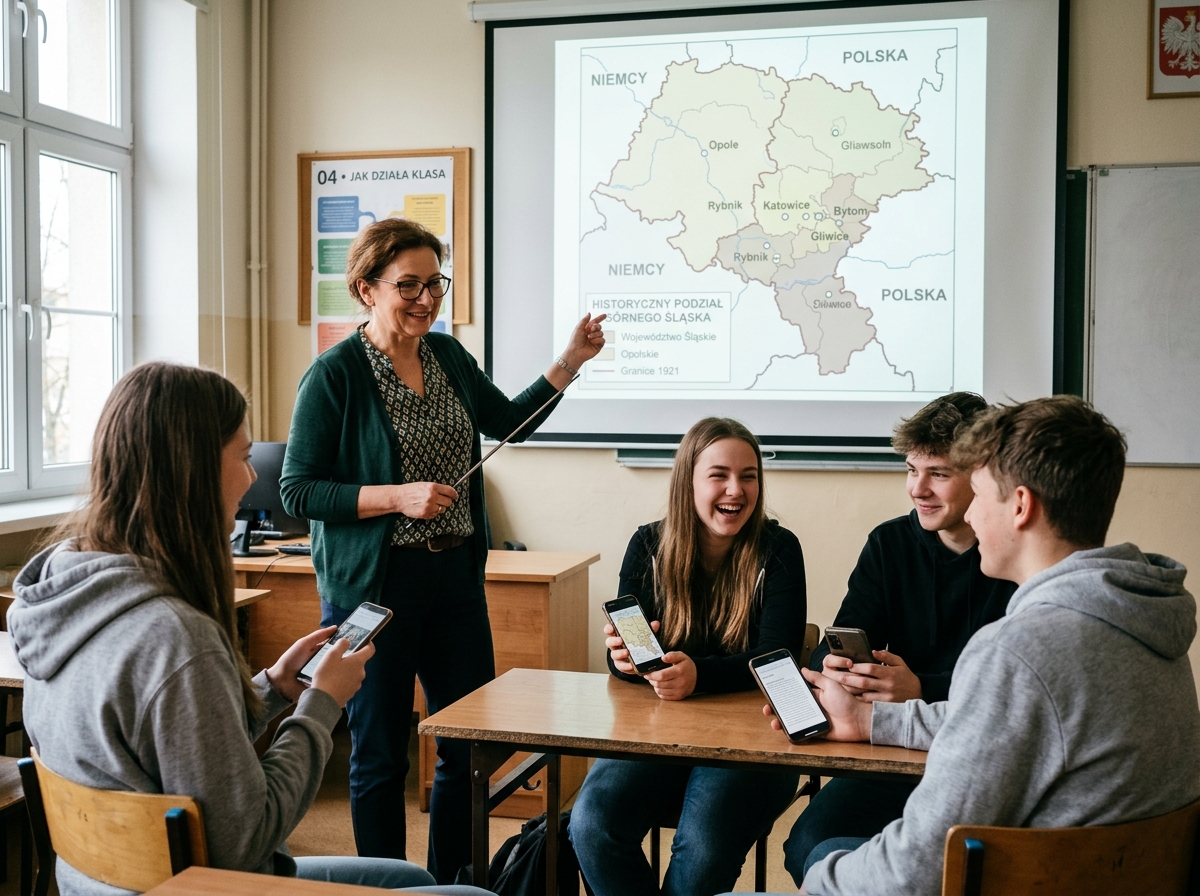 Nauczyciel i klasa wspólnie omawiają decyzje podjęte w interaktywnej opowieści.