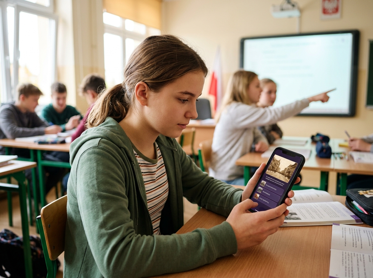 Uczeń w klasie trzymający telefon z ekranem wyboru decyzji w historycznej opowieści.