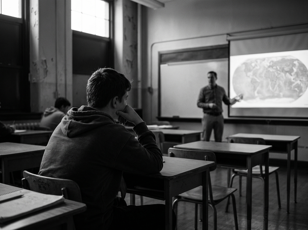 Znudzony uczeń podpierający głowę w ławce podczas tradycyjnej lekcji.